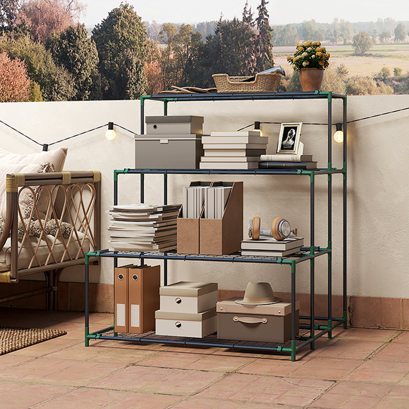 Suporte para plantas de 4 níveis com design em escada e estrutura metálica resistente para interior e exterior verde