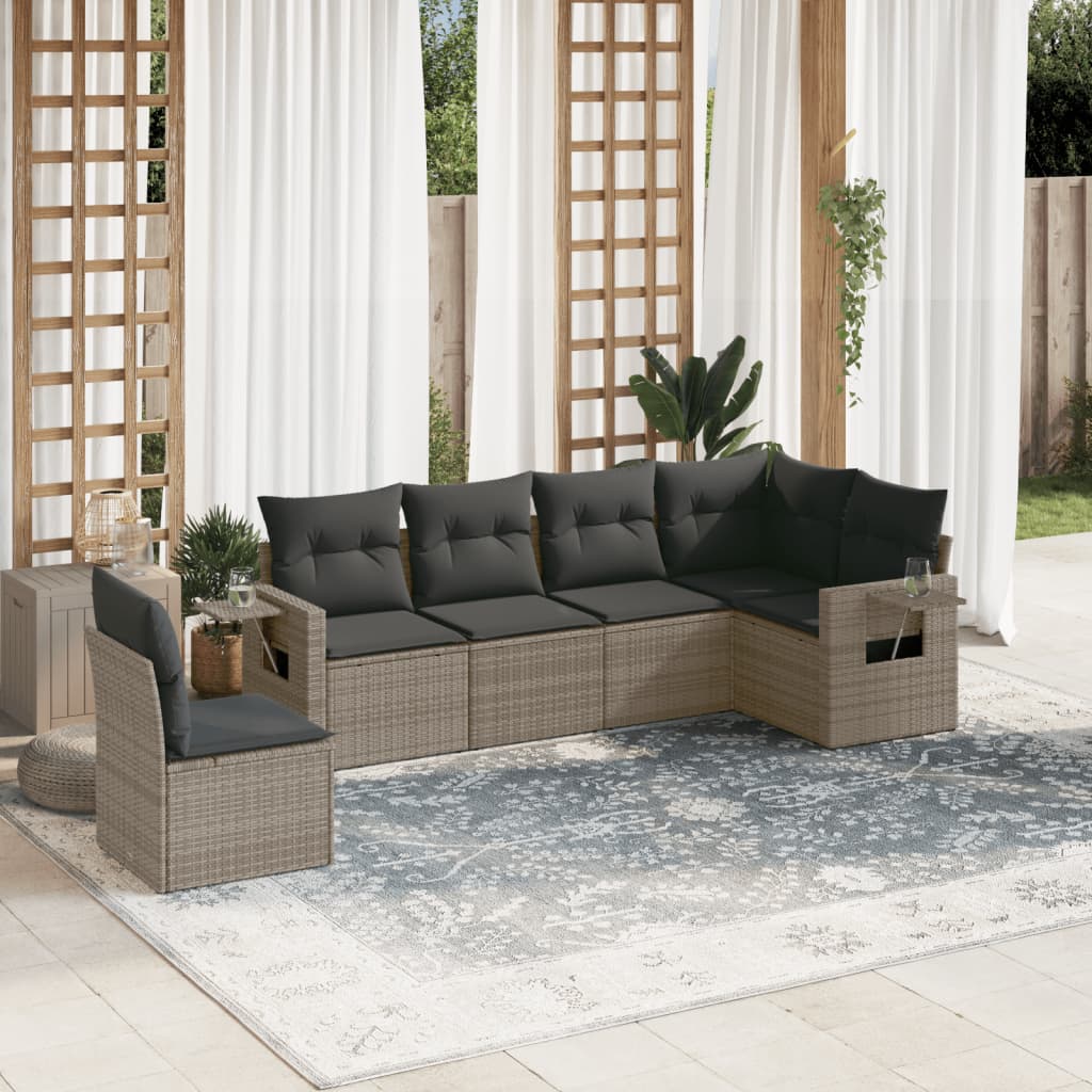 6 Pcs conjunto sofás de jardim com almofadões vime cinzento