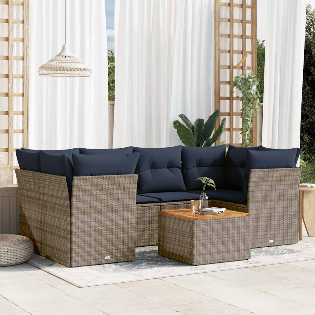 7 Pcs conjunto sofás p/ jardim c/ almofadões vime PE cinzento