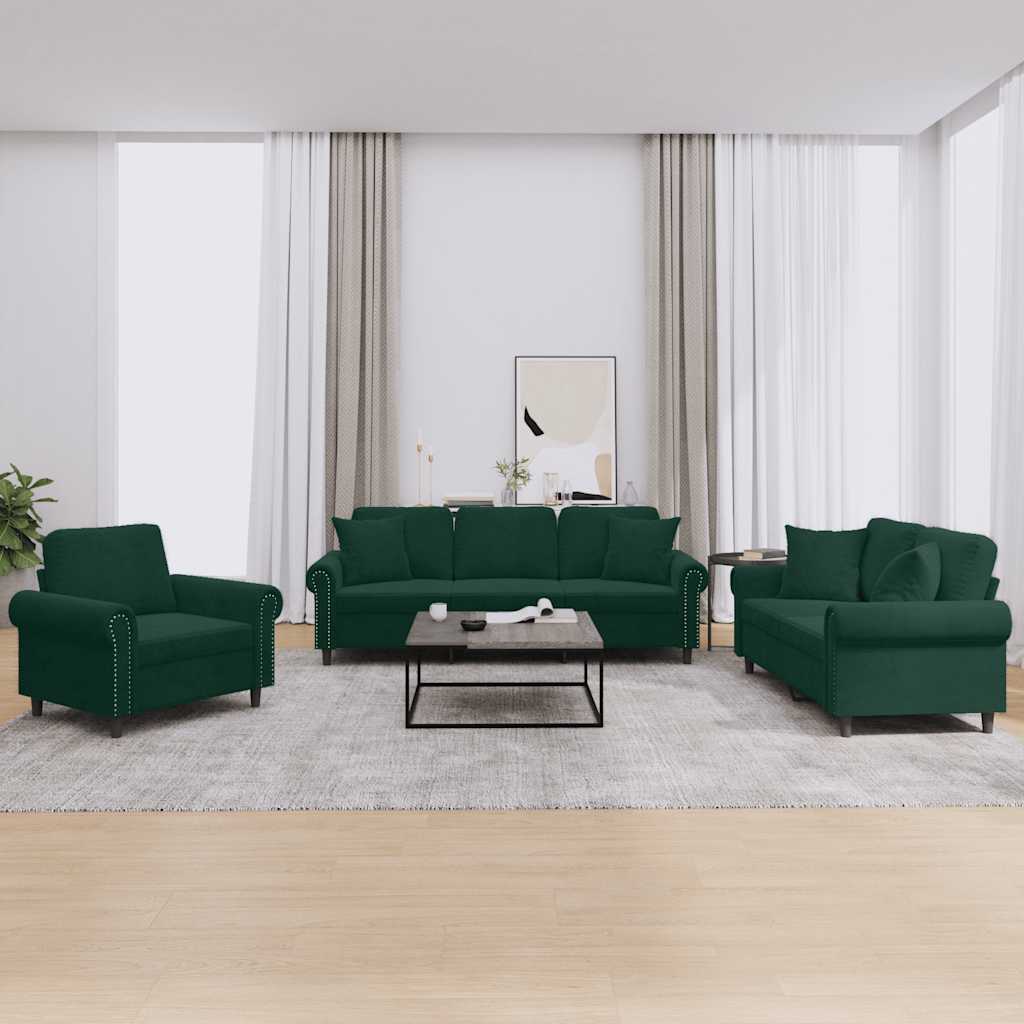 3 Pcs conjunto de sofás com almofadas veludo verde-escuro