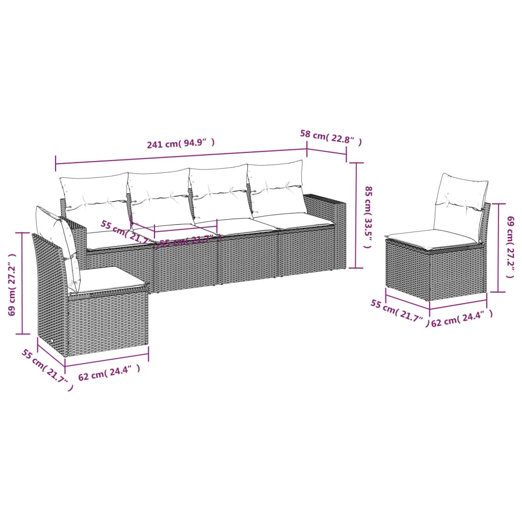 6 Pcs conjunto sofás de jardim com almofadões vime cinzento