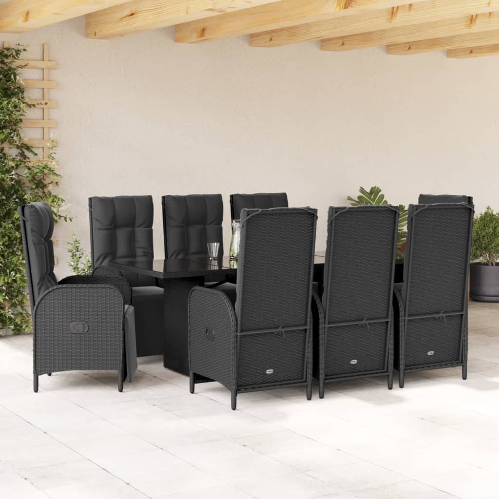 9 Pcs conjunto de jantar p/ jardim c/ almofadões vime PE preto