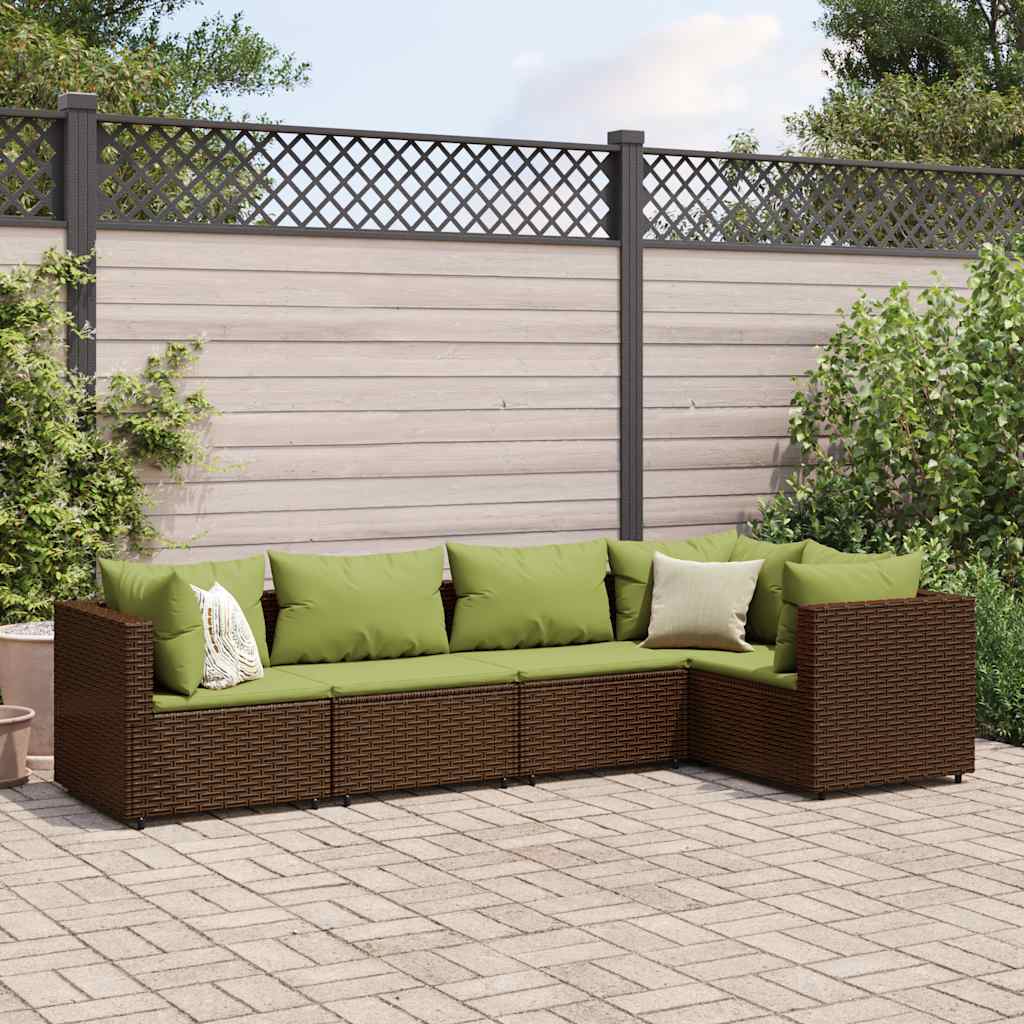 5 Pcs conjunto lounge jardim c/ almofadões vime PE castanho