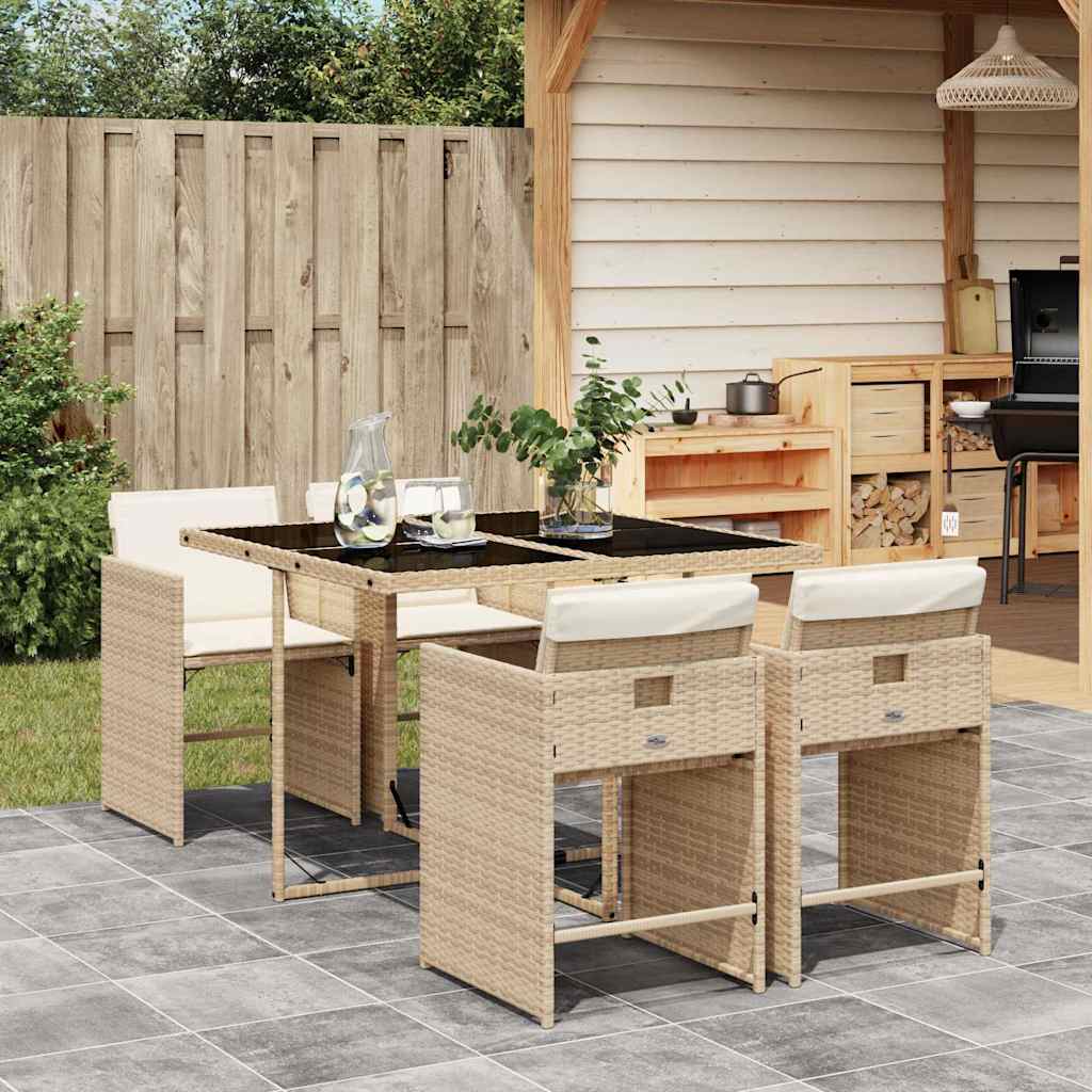 5 Pcs conjunto de jantar p/ jardim com almofadões vime PE bege