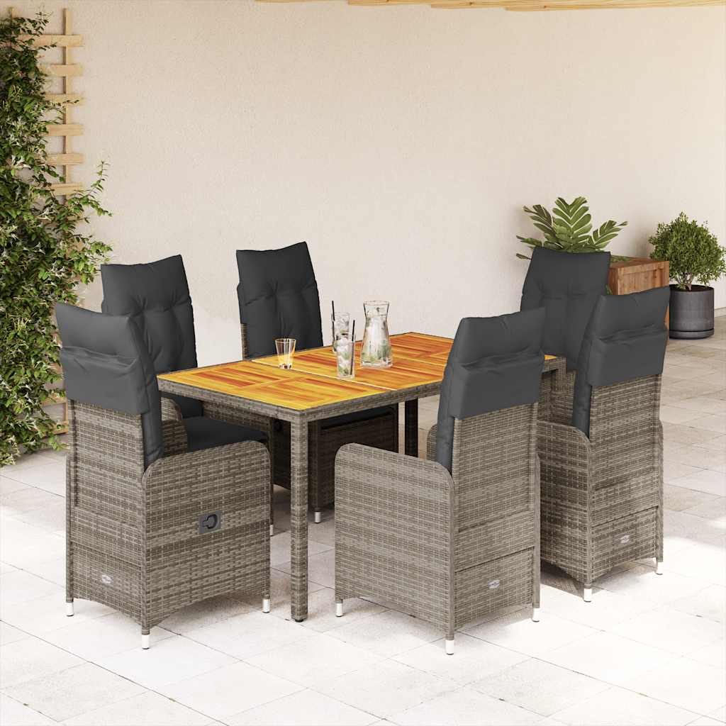 7 Pcs conjunto bistrô de jardim c/ almofadões vime PE cinza