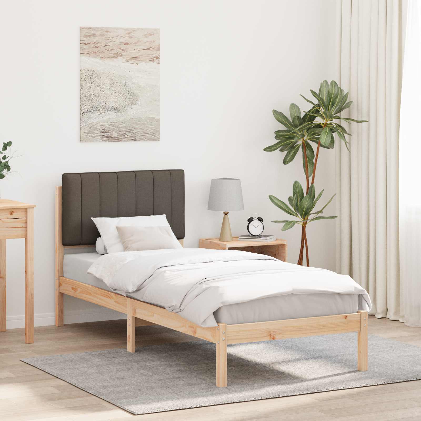 Estrutura de cama com cabeceira estofada cinzento-acastanhado