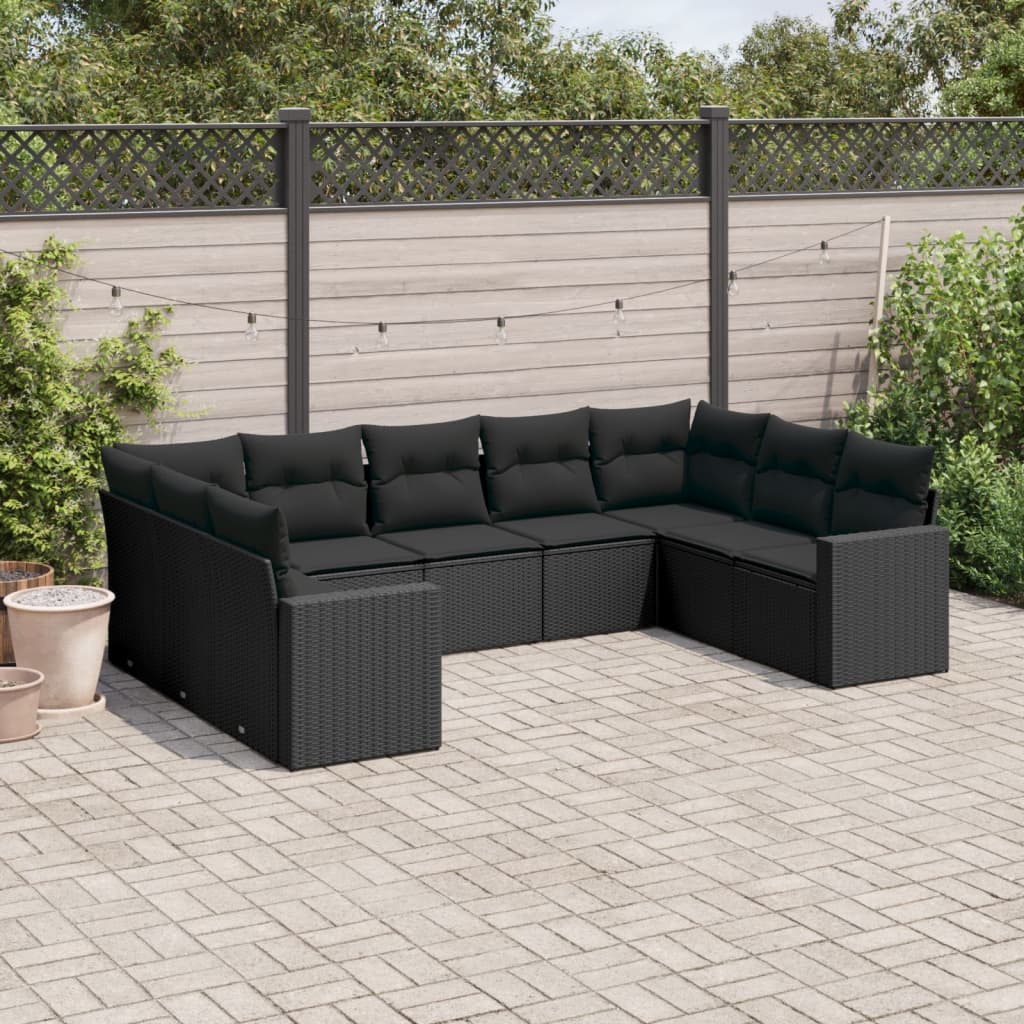 9 Pcs conjunto de sofás p/ jardim c/ almofadões vime PE preto