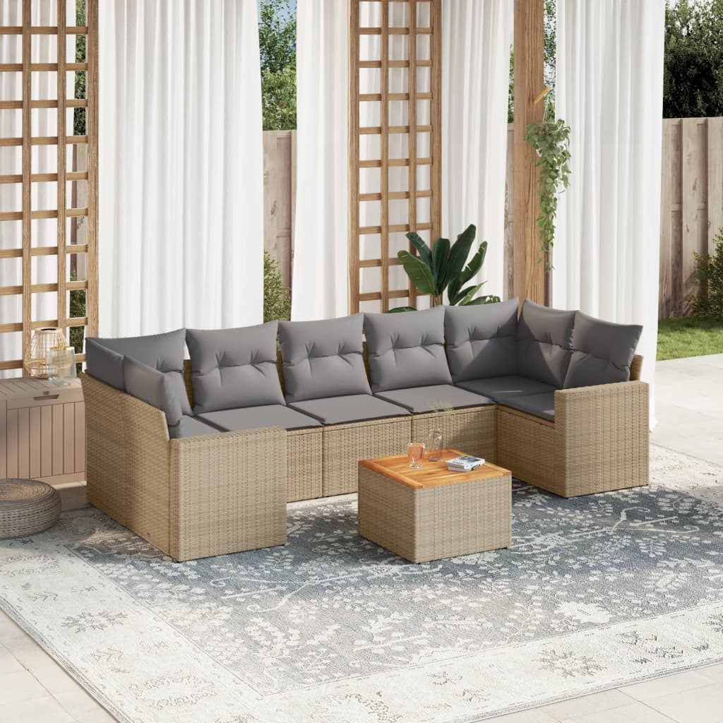 8 Pcs conj. sofás jardim c/ almofadões vime PE bege misturado