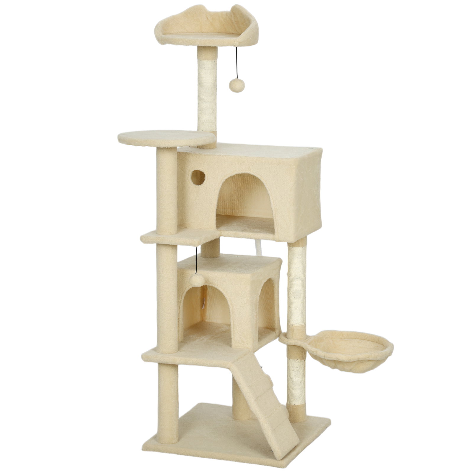 Arranhador para gatos com múltiplas plataformas cama 2 cavernas rede escada postes de sisal 48x48x140 cm bege