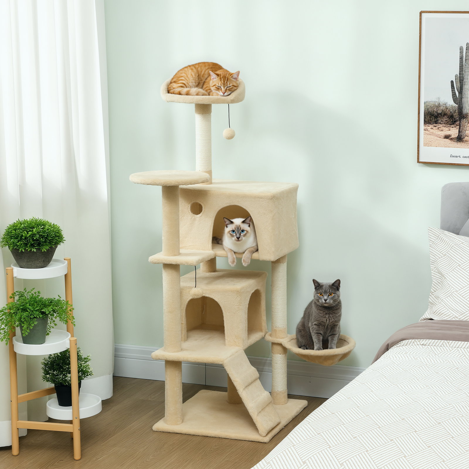 Arranhador para gatos com múltiplas plataformas cama 2 cavernas rede escada postes de sisal 48x48x140 cm bege