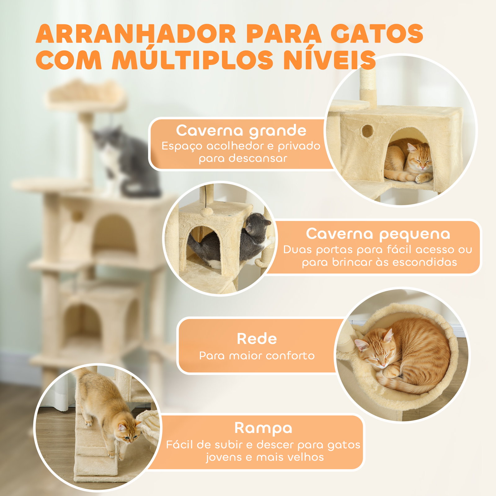 Arranhador para gatos com múltiplas plataformas cama 2 cavernas rede escada postes de sisal 48x48x140 cm bege