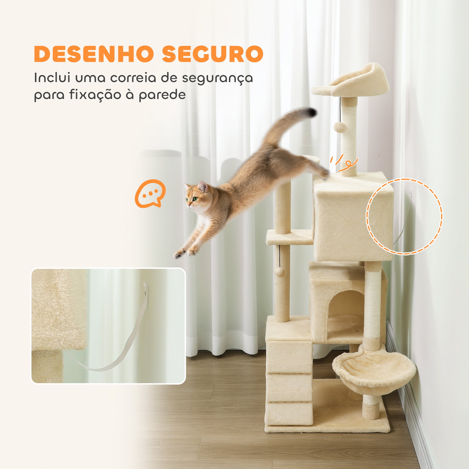 Arranhador para gatos com múltiplas plataformas cama 2 cavernas rede escada postes de sisal 48x48x140 cm bege