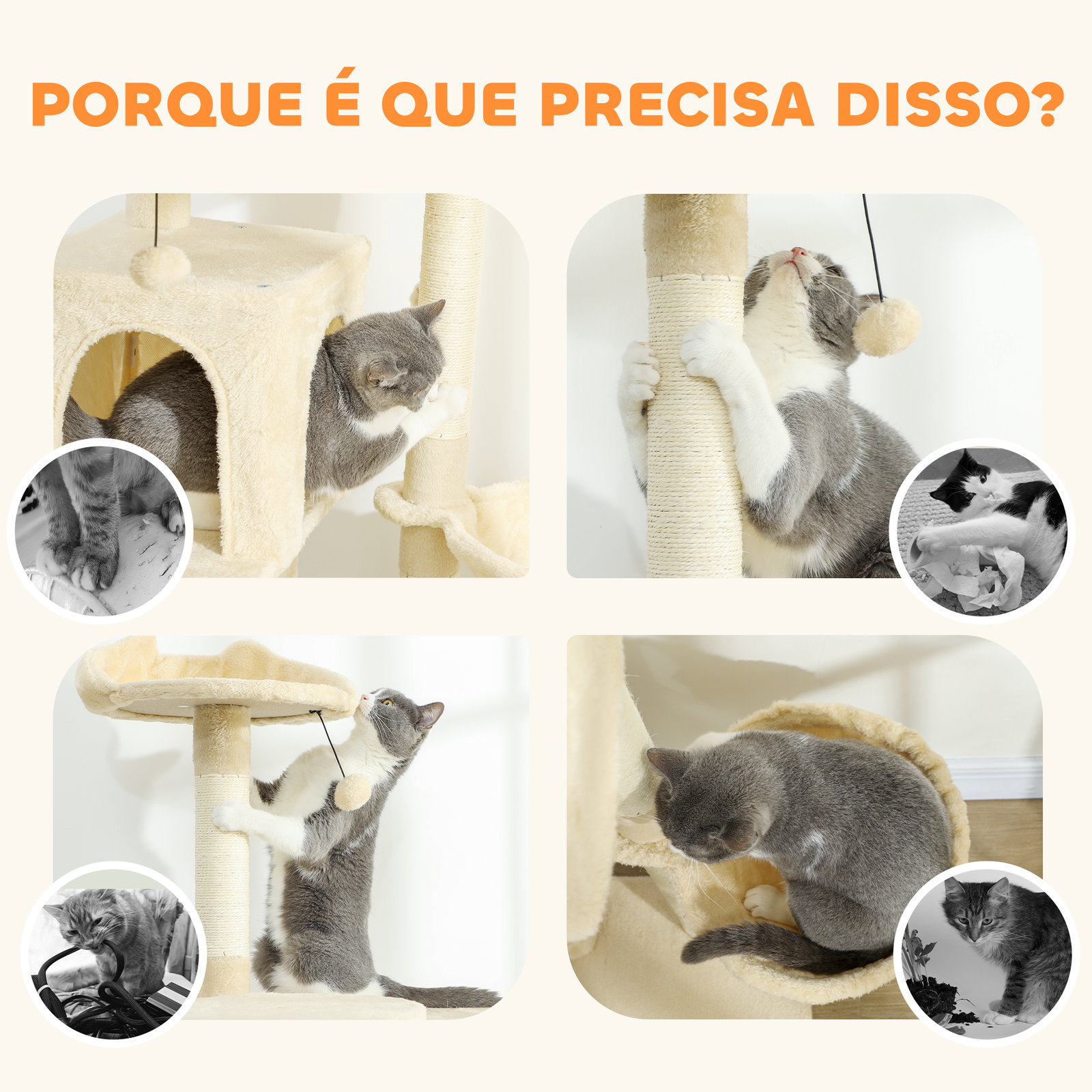 Arranhador para gatos com múltiplas plataformas cama 2 cavernas rede escada postes de sisal 48x48x140 cm bege