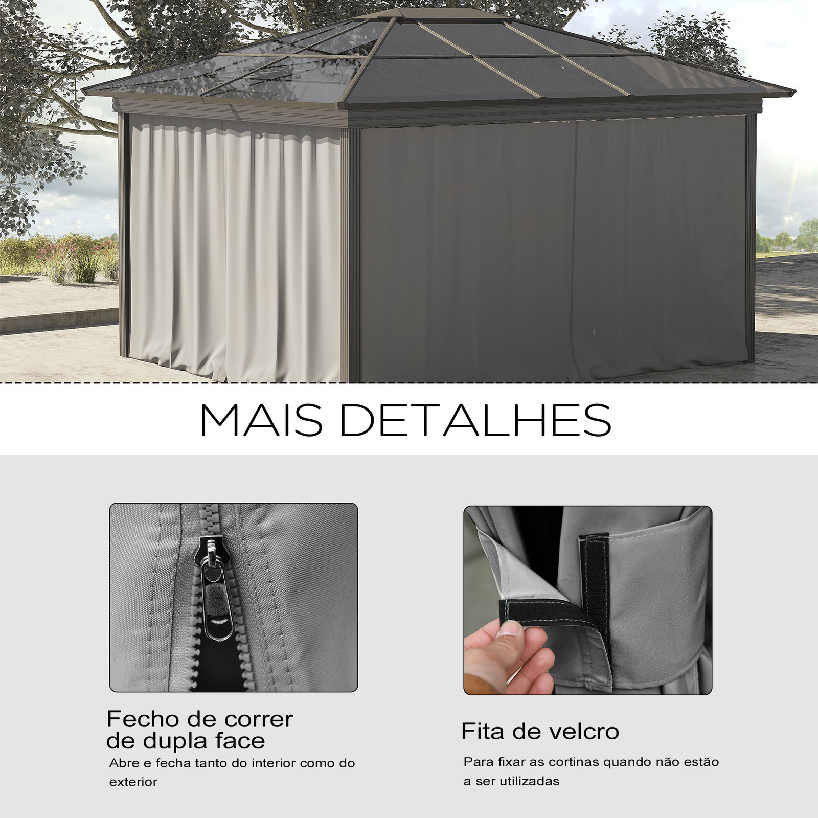 4 Paredes Laterais para Tenda 302x205 cm Laterais para Tenda Universal com Ganchos e Argola em C para Tenda Cinza Claro