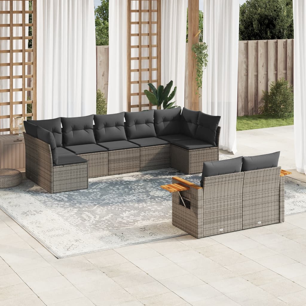 9 Pcs conjunto sofás p/ jardim com almofadões vime PE cinzento