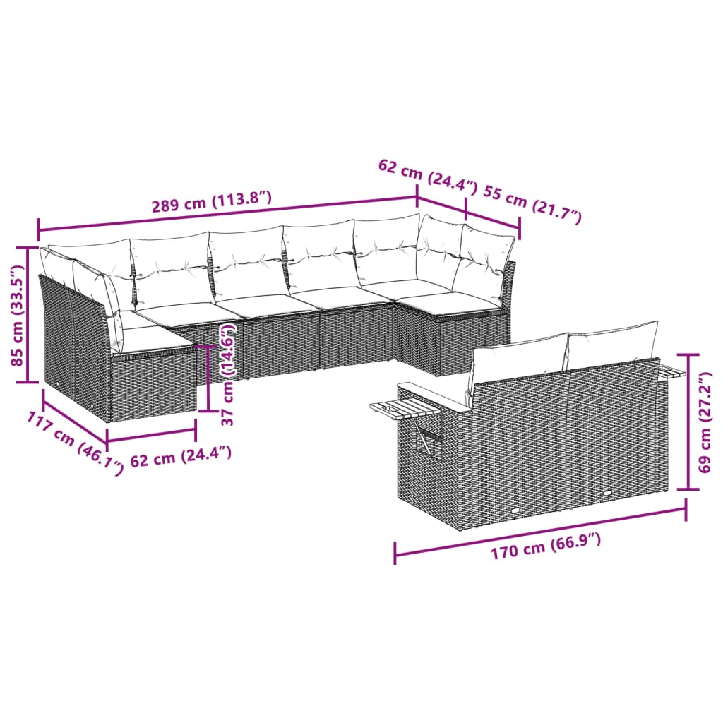 9 Pcs conjunto sofás p/ jardim com almofadões vime PE cinzento