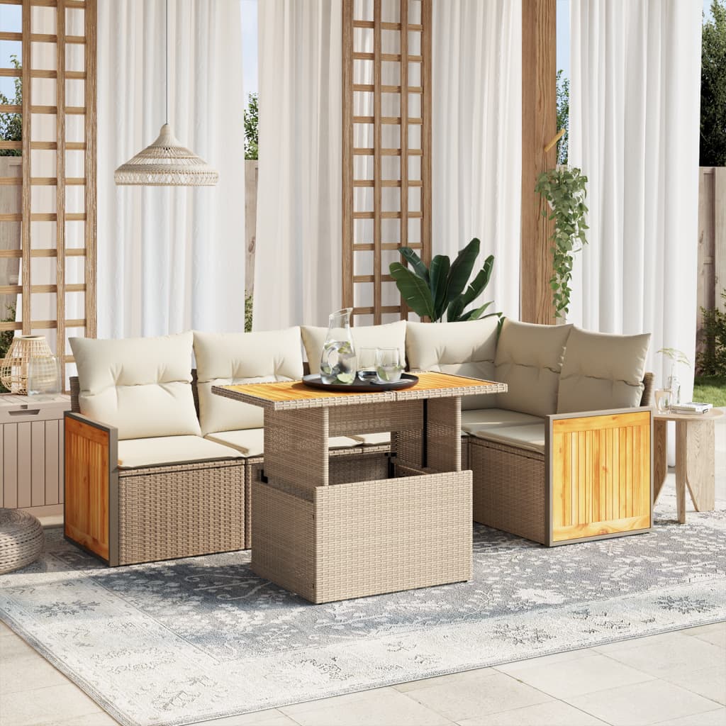 6 Pcs conjunto de sofás p/ jardim com almofadões vime PE bege