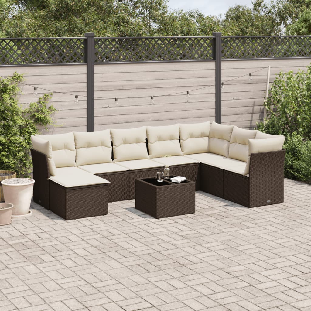 9 Pcs conjunto sofás p/ jardim c/ almofadões vime PE castanho