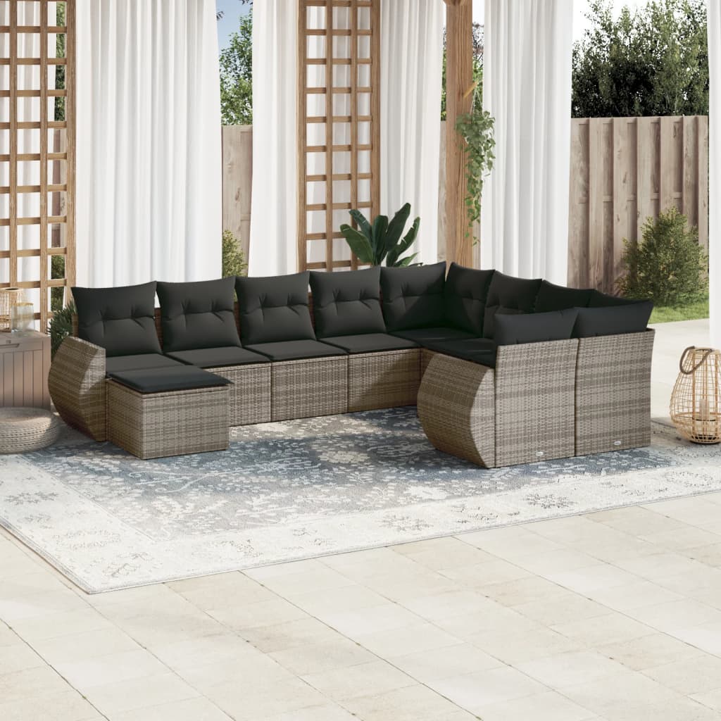 10 Pcs conjunto sofás de jardim c/ almofadões vime PE cinzento