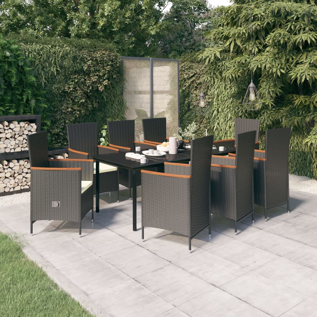 9 Pcs conjunto de jantar para jardim com almofadões preto