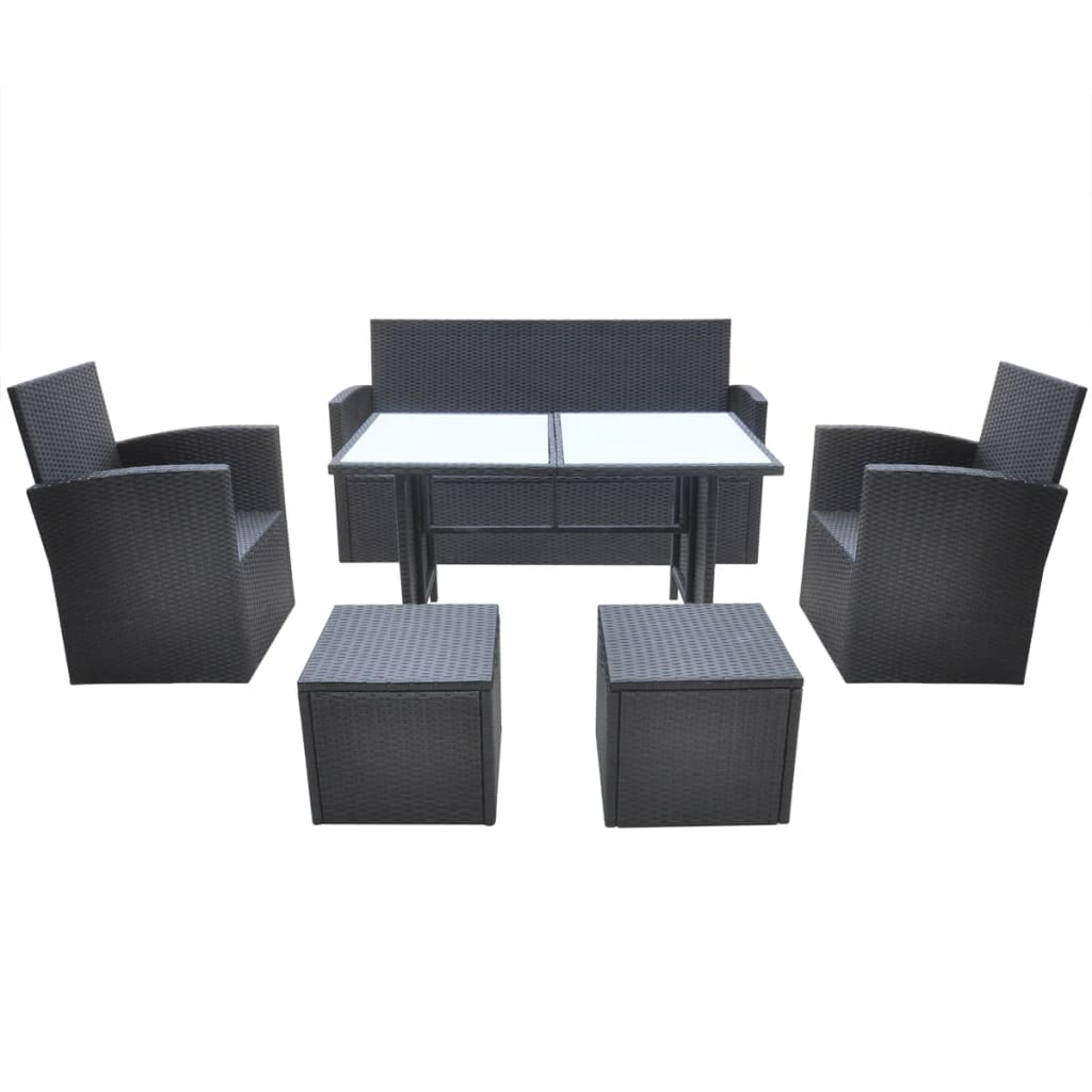 6 Pcs conjunto jantar exterior com almofadões vime PE preto