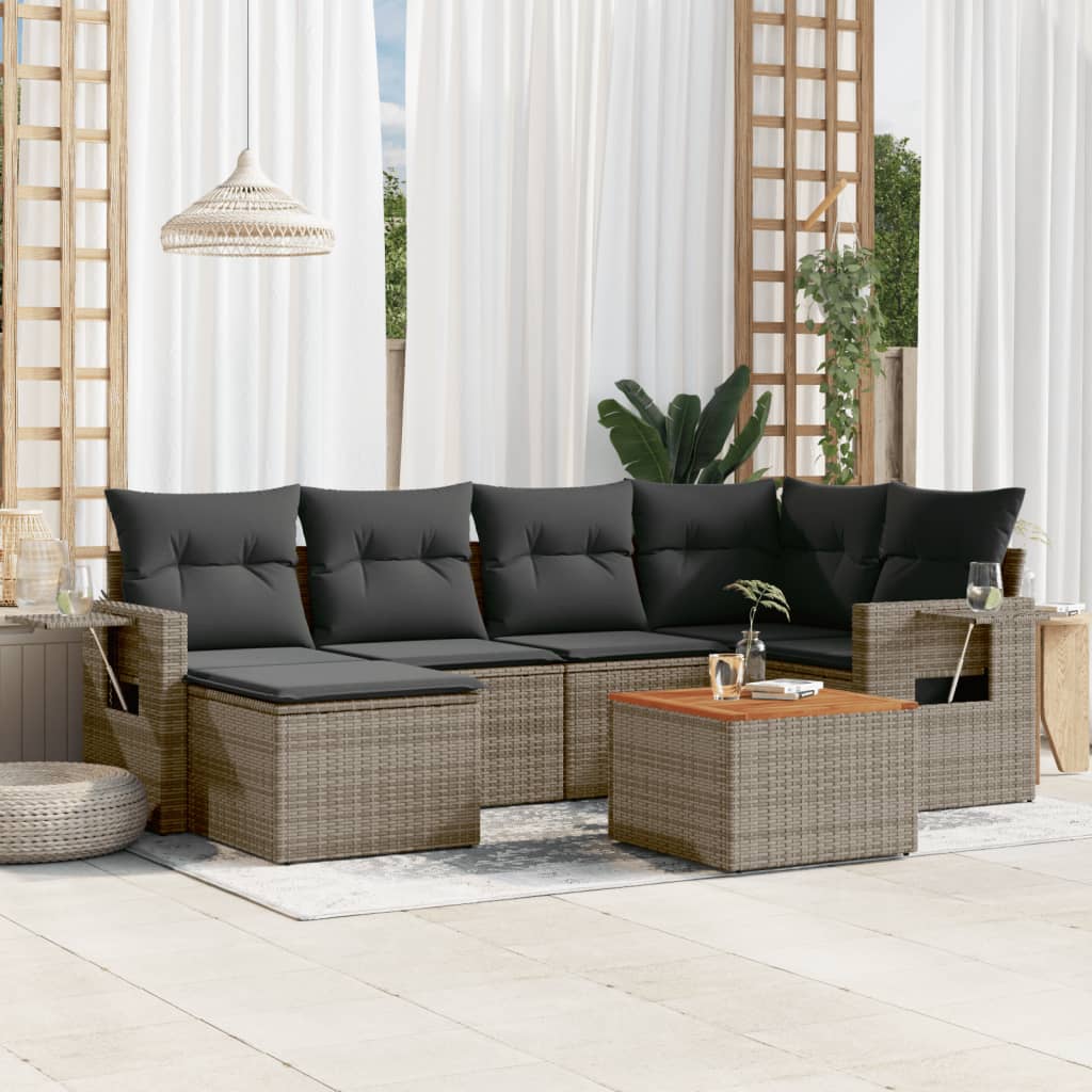 7 Pcs conjunto sofás p/ jardim c/ almofadões vime PE cinzento