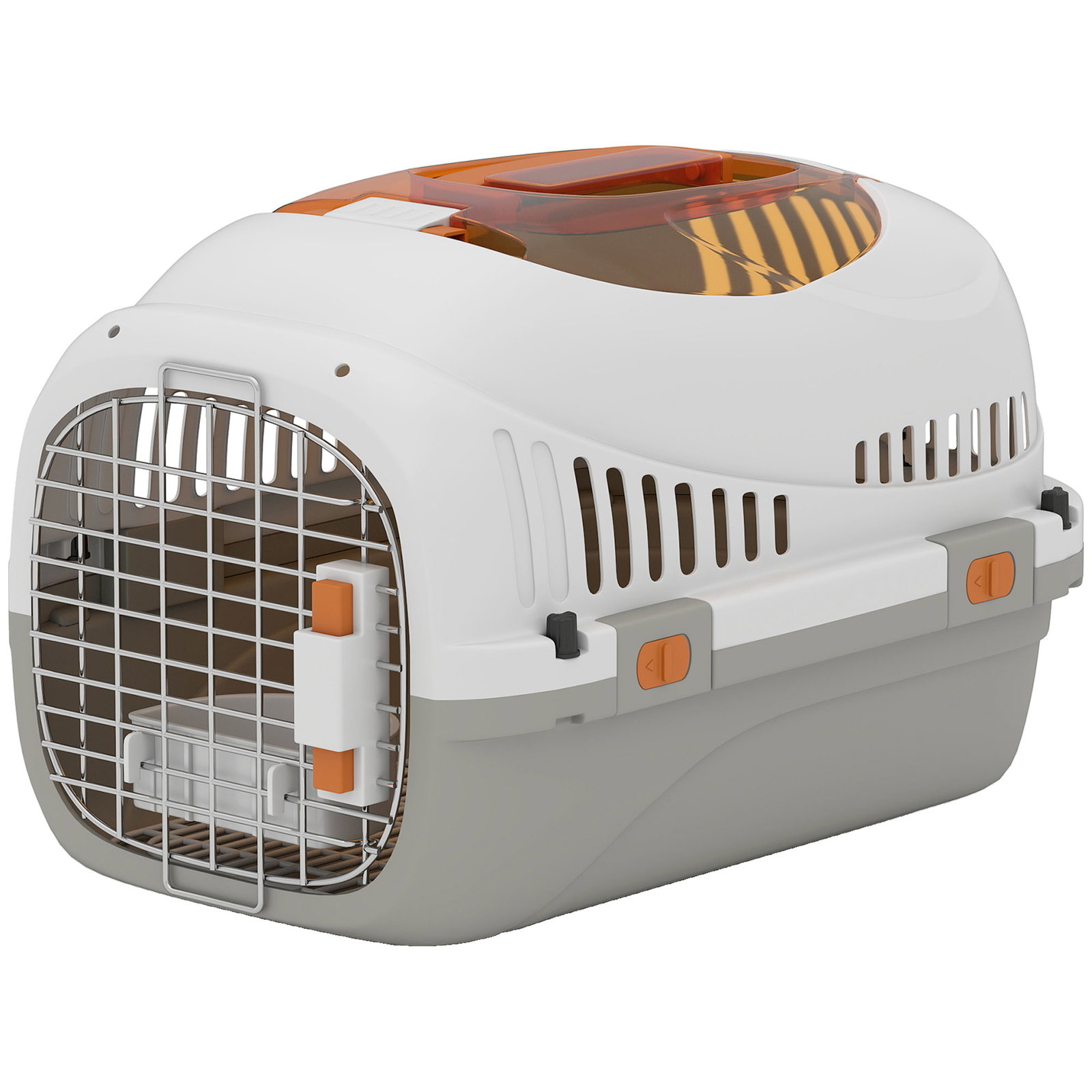 Transportadora para gatos e cães pequenos de plástico suporta até 4 kg com claraboia taça porta de aço cinzento claro