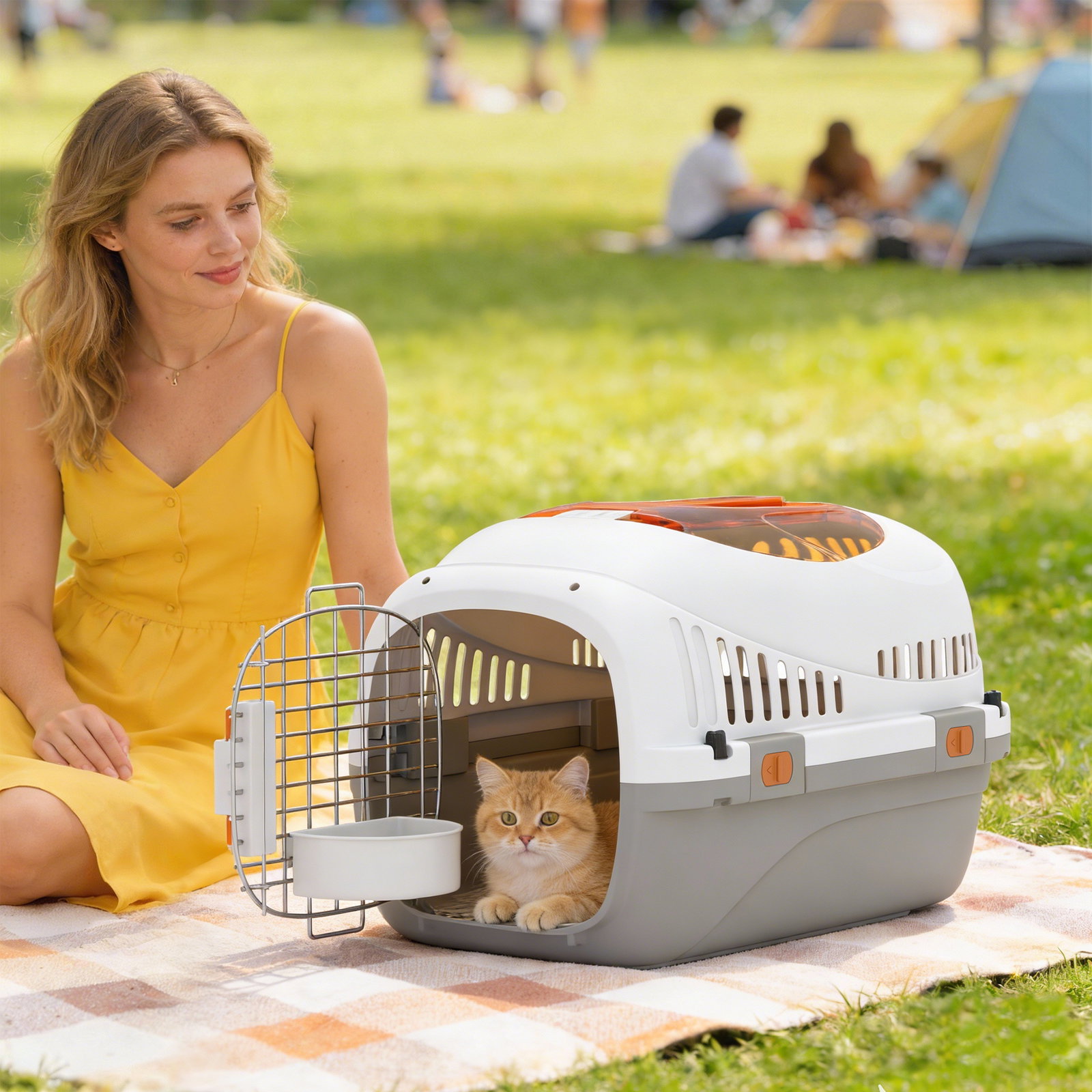 Transportadora para gatos e cães pequenos de plástico suporta até 4 kg com claraboia taça porta de aço cinzento claro