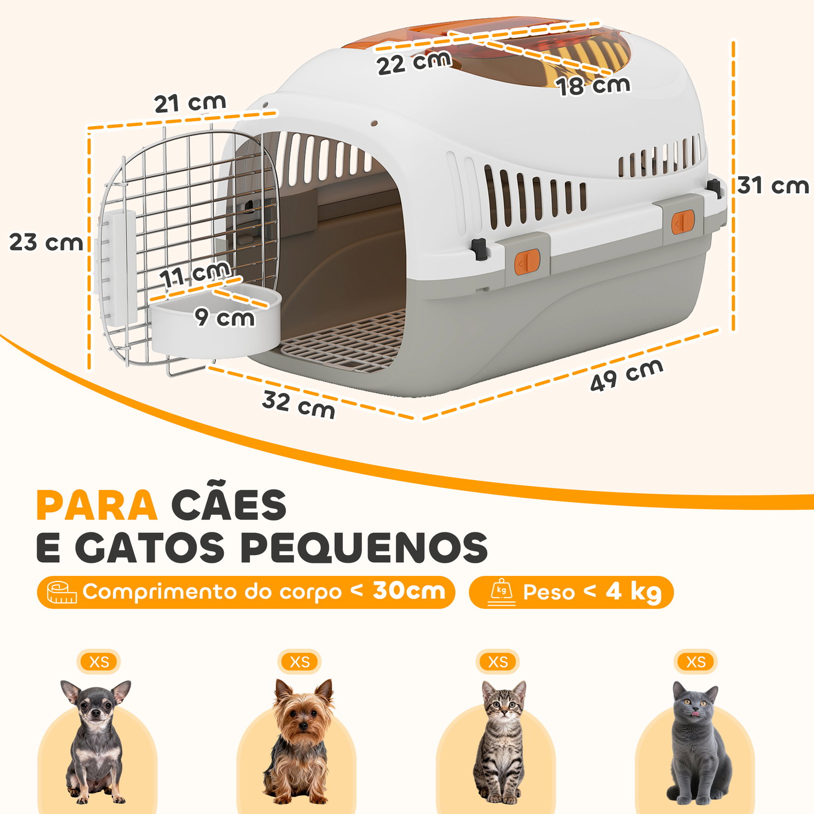 Transportadora para gatos e cães pequenos de plástico suporta até 4 kg com claraboia taça porta de aço cinzento claro