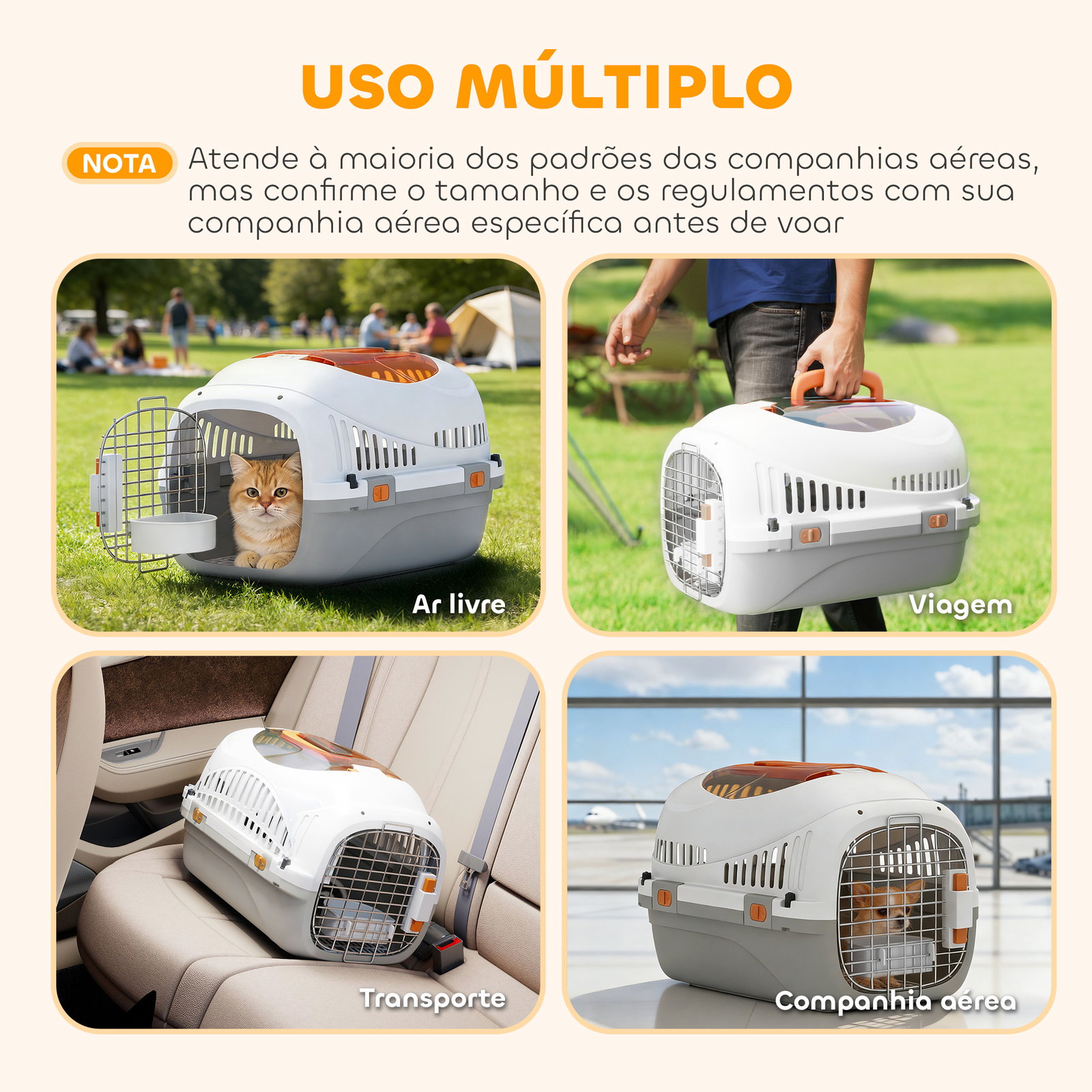 Transportadora para gatos e cães pequenos de plástico suporta até 4 kg com claraboia taça porta de aço cinzento claro