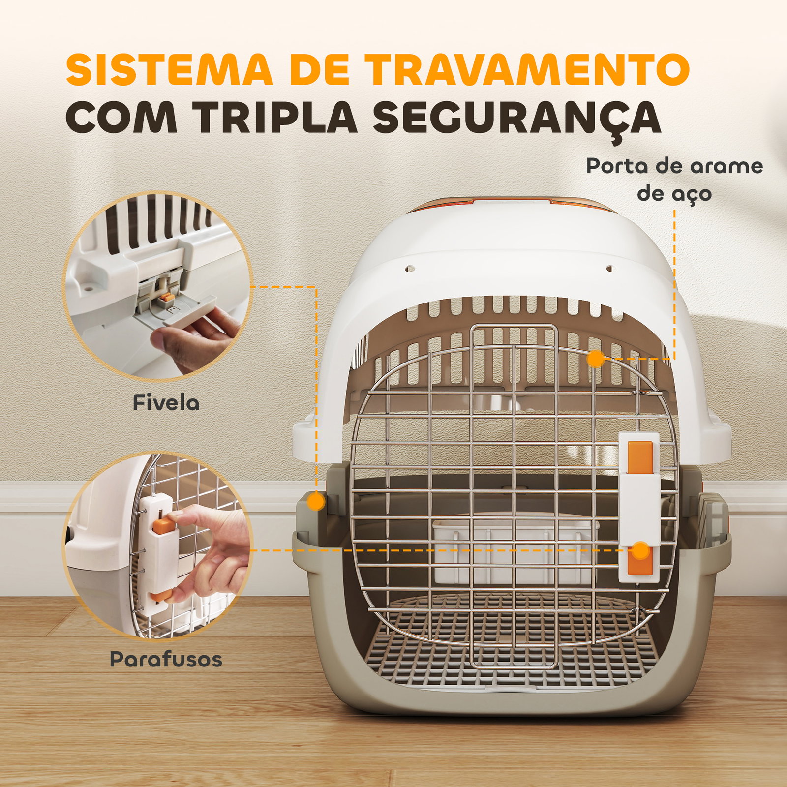 Transportadora para gatos e cães pequenos de plástico suporta até 4 kg com claraboia taça porta de aço cinzento claro