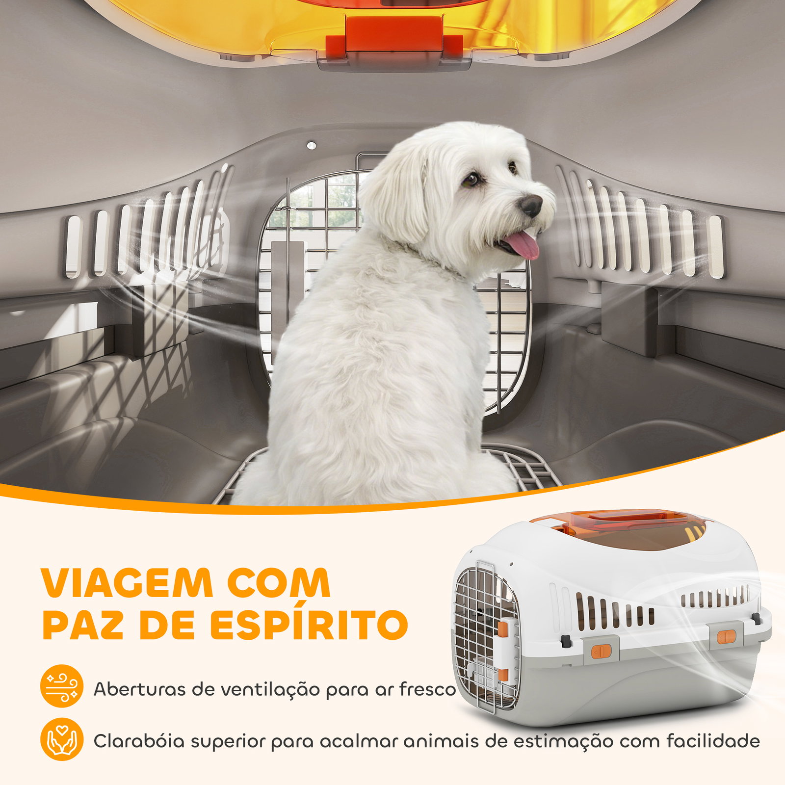 Transportadora para gatos e cães pequenos de plástico suporta até 4 kg com claraboia taça porta de aço cinzento claro