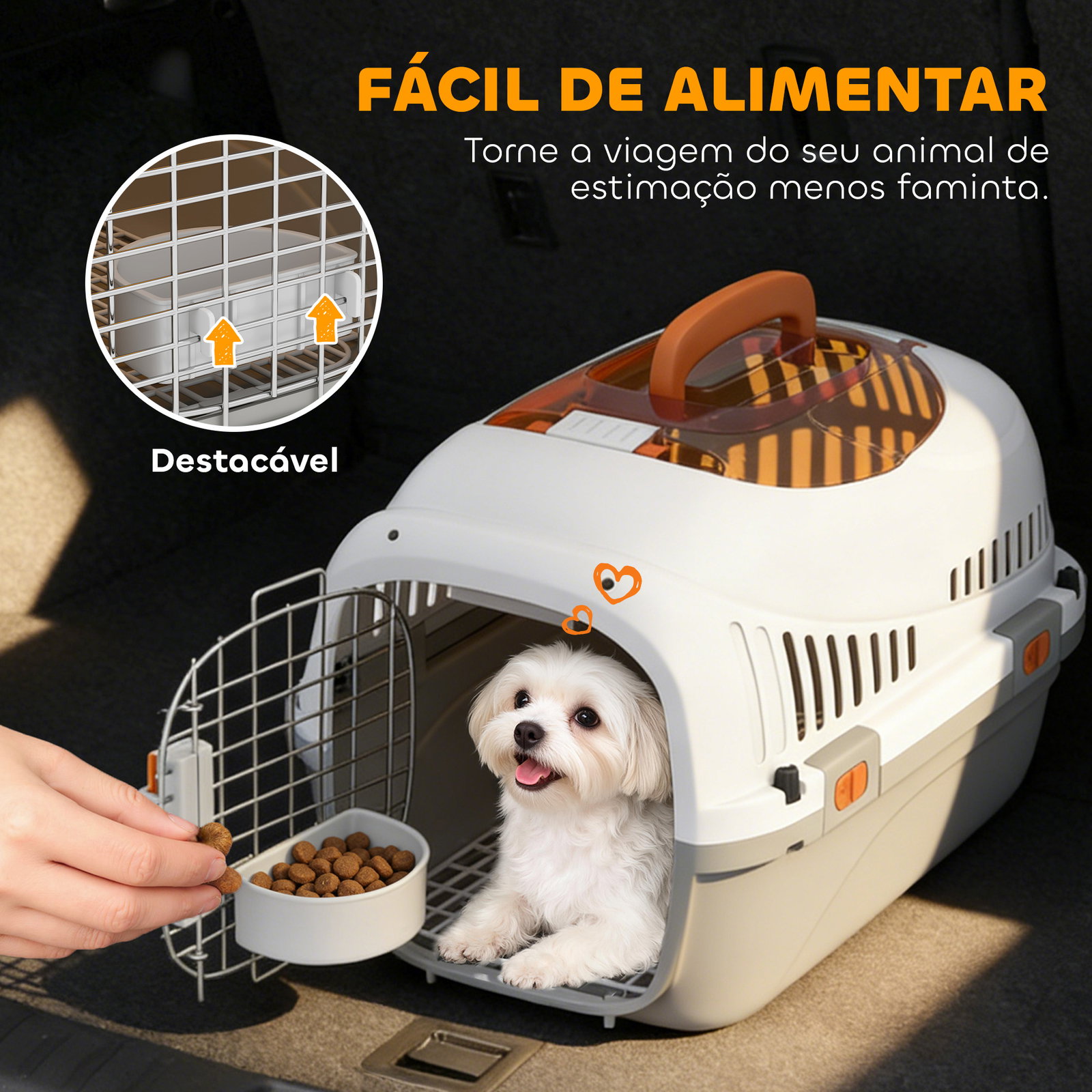 Transportadora para gatos e cães pequenos de plástico suporta até 4 kg com claraboia taça porta de aço cinzento claro