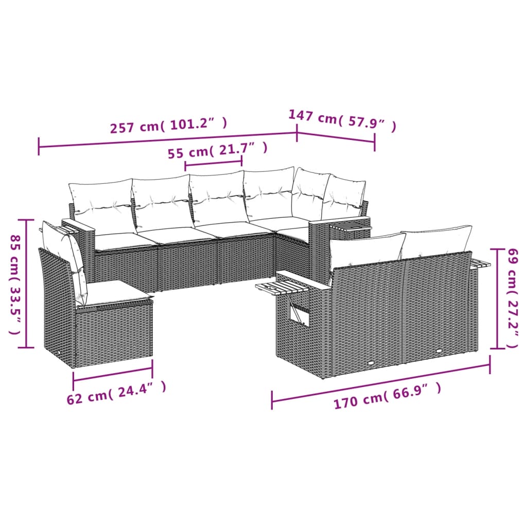 8 Pcs conjunto sofás de jardim com almofadões vime PE preto