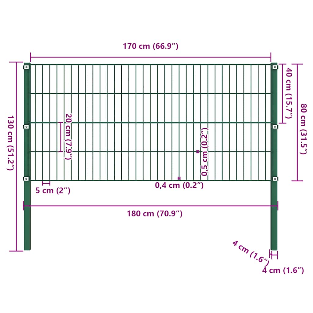 Painel de vedação com postes de ferro 176,5x80 cm verde