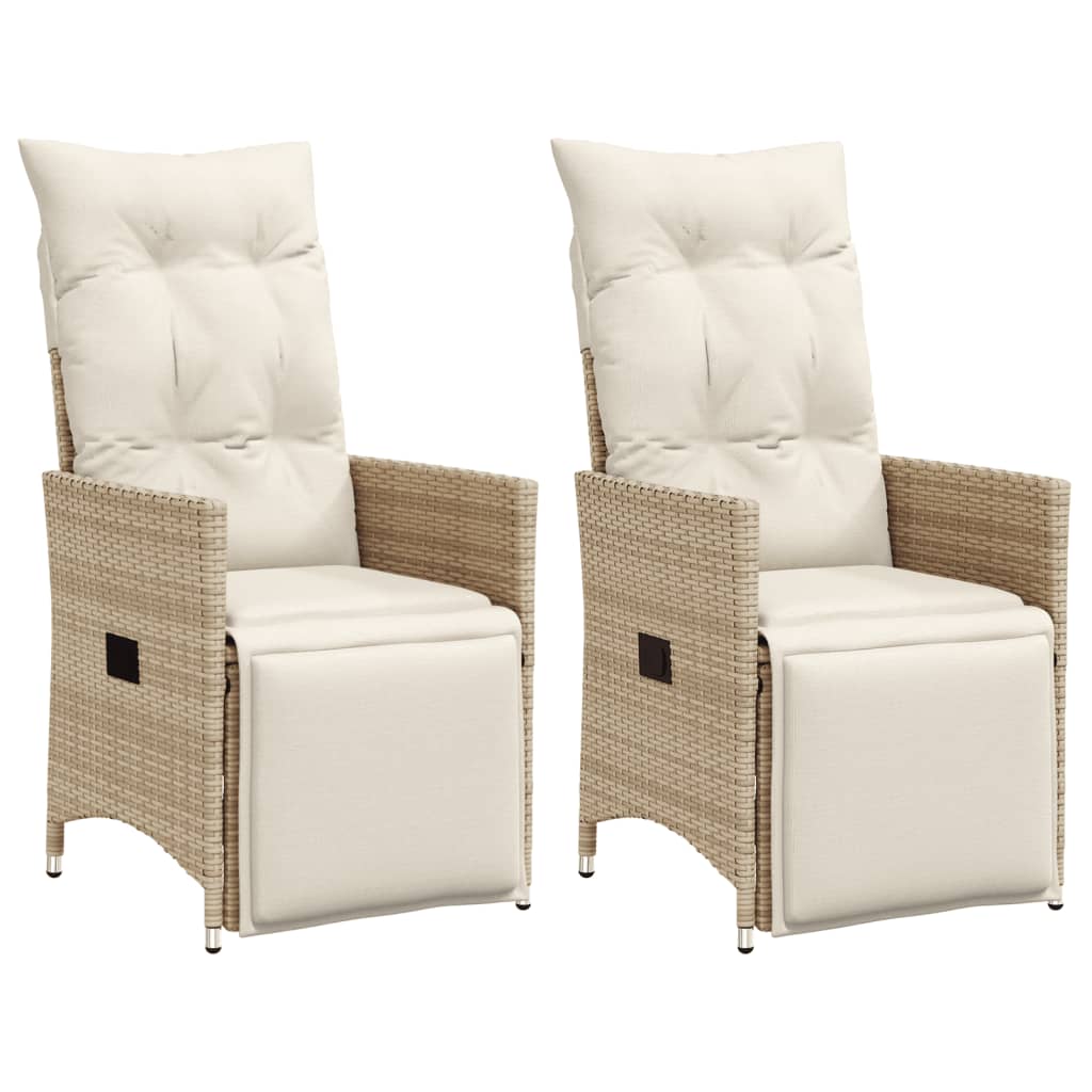 Cadeiras de jardim reclináveis 2 pcs c/ almofadões vime PE bege
