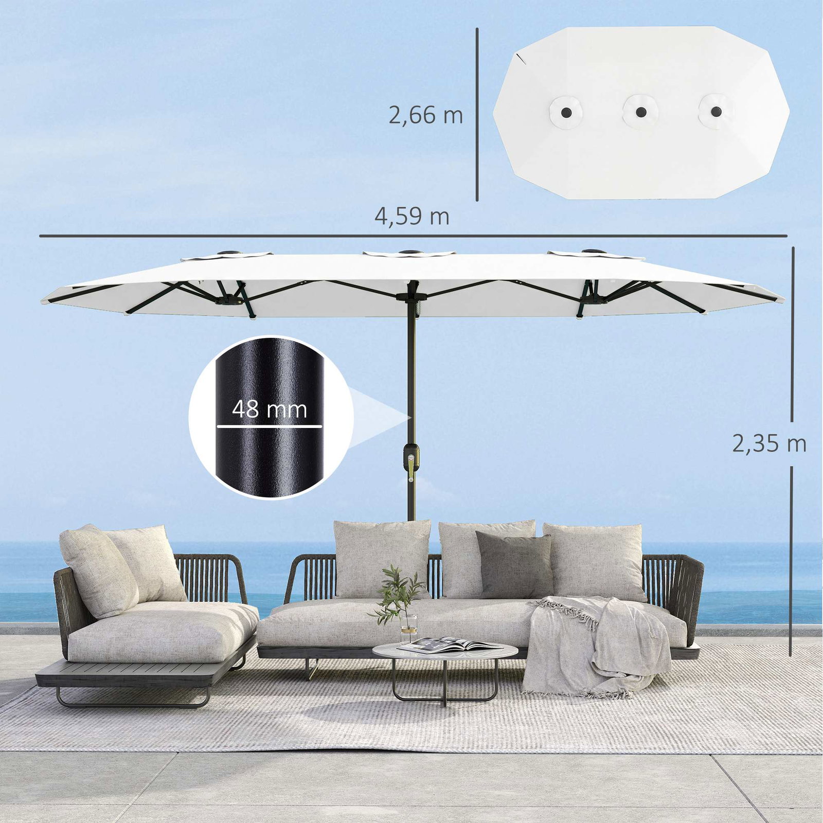 Guarda-sol duplo de jardim 46x26 m com manivela manual proteção uv50+ capa resistente à água branco