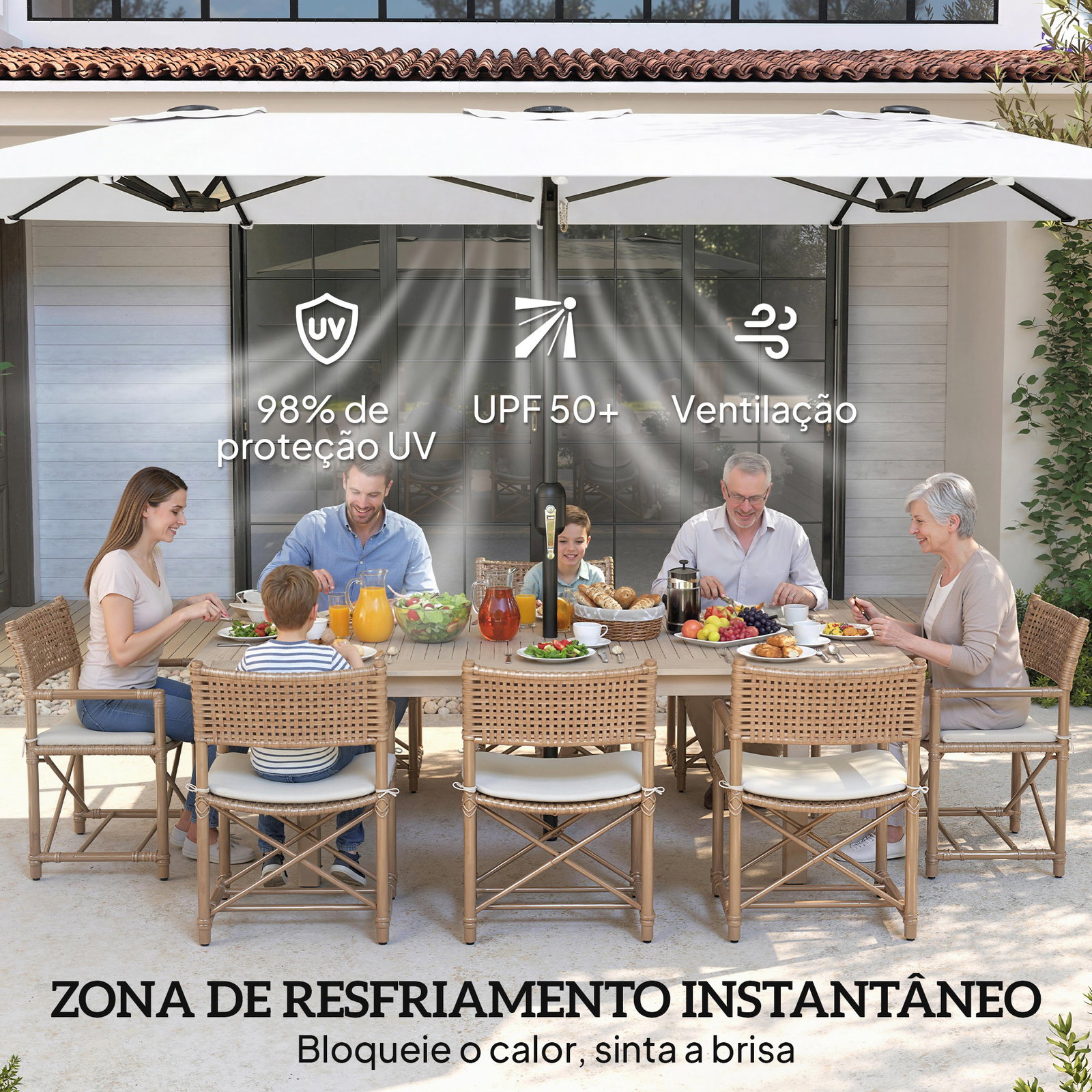 Guarda-sol duplo de jardim 46x26 m com manivela manual proteção uv50+ capa resistente à água branco