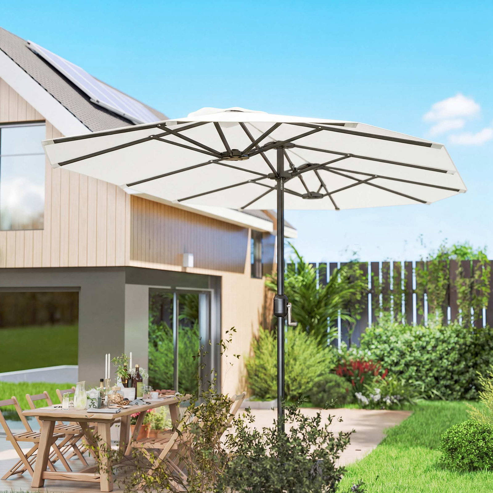 Guarda-sol duplo de jardim 46x26 m com manivela manual proteção uv50+ capa resistente à água branco