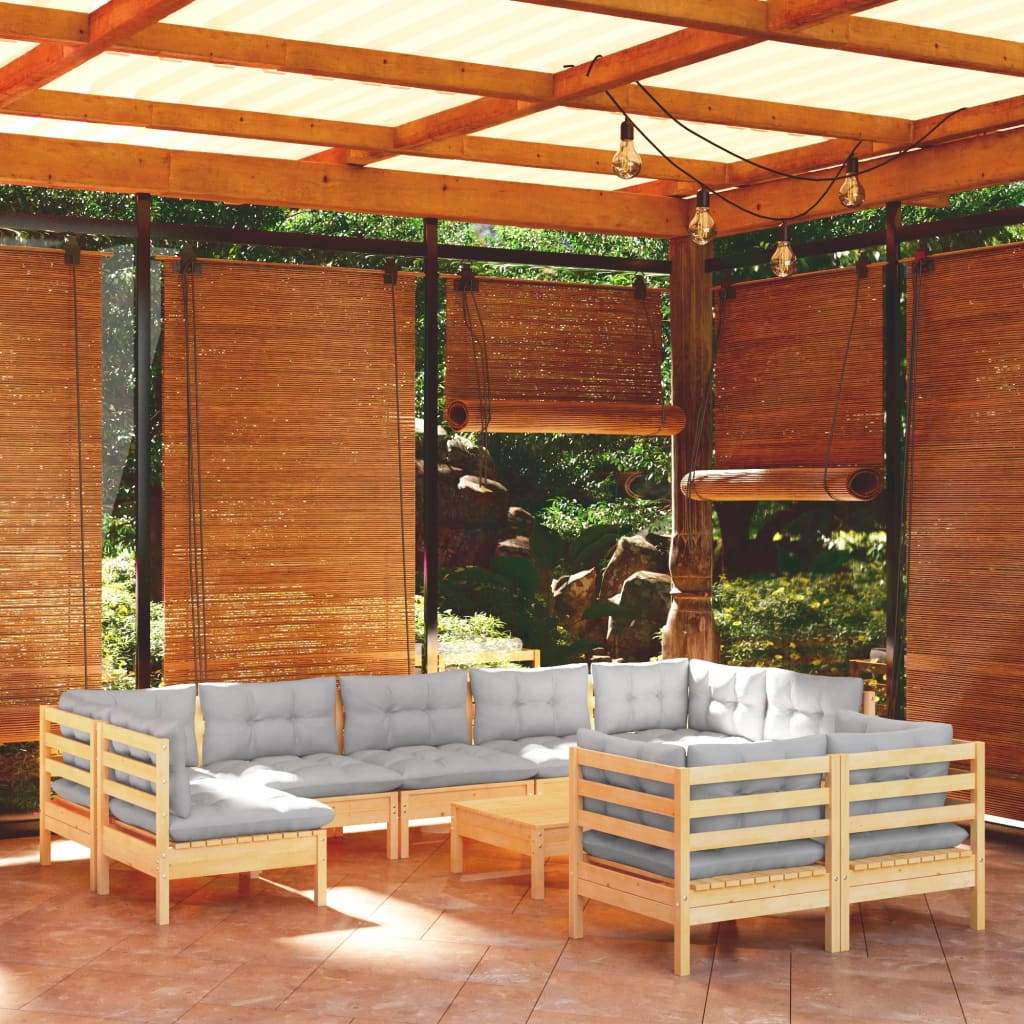 10Pcs conjunto lounge de jardim + almofadões cinza pinho maciço