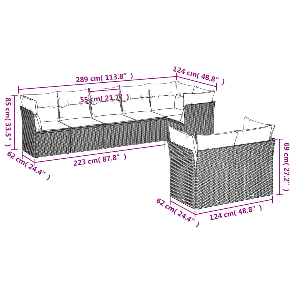 8 Pcs conjunto sofás de jardim com almofadões vime PE preto