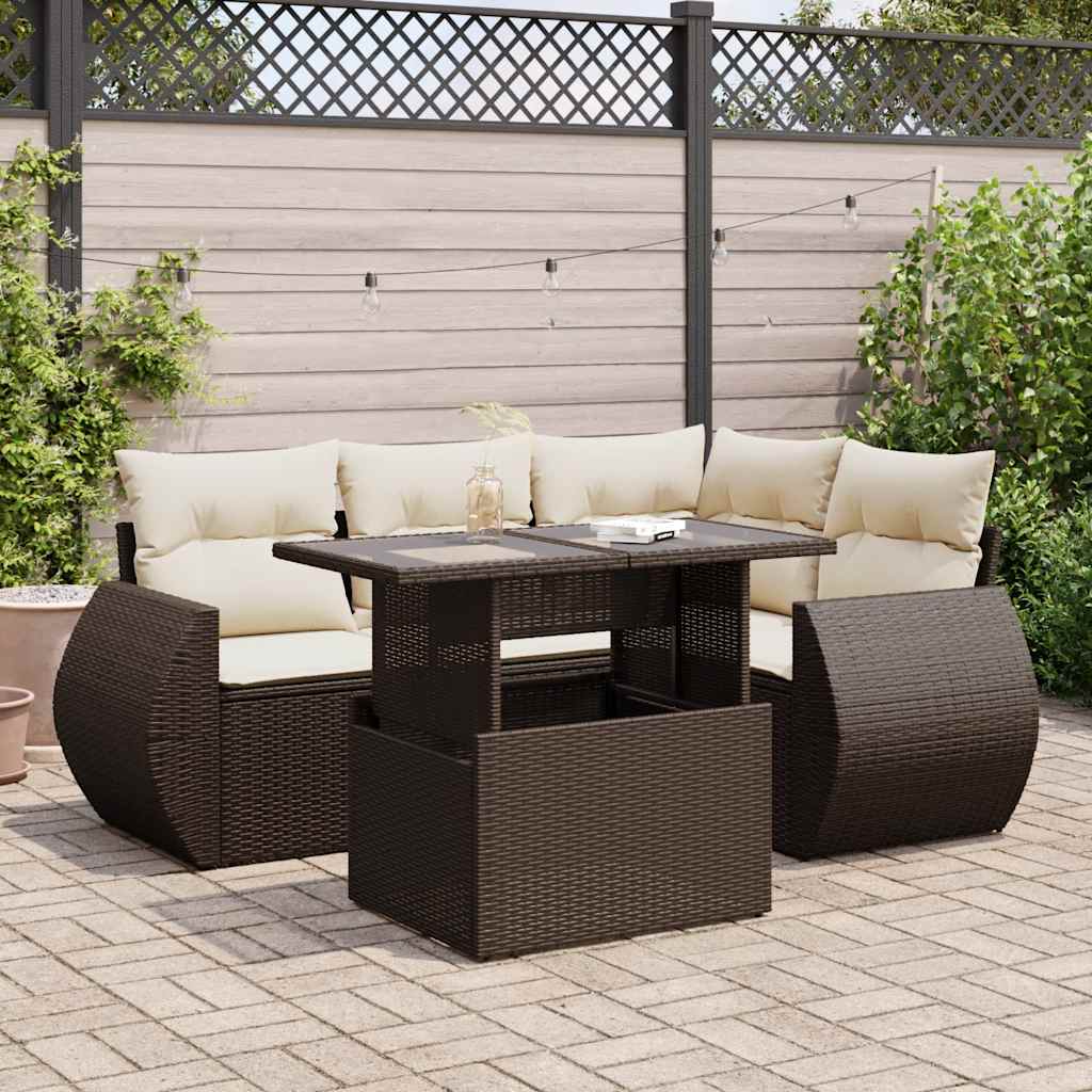 5 Pcs conjunto sofás p/ jardim c/ almofadões vime PE castanho