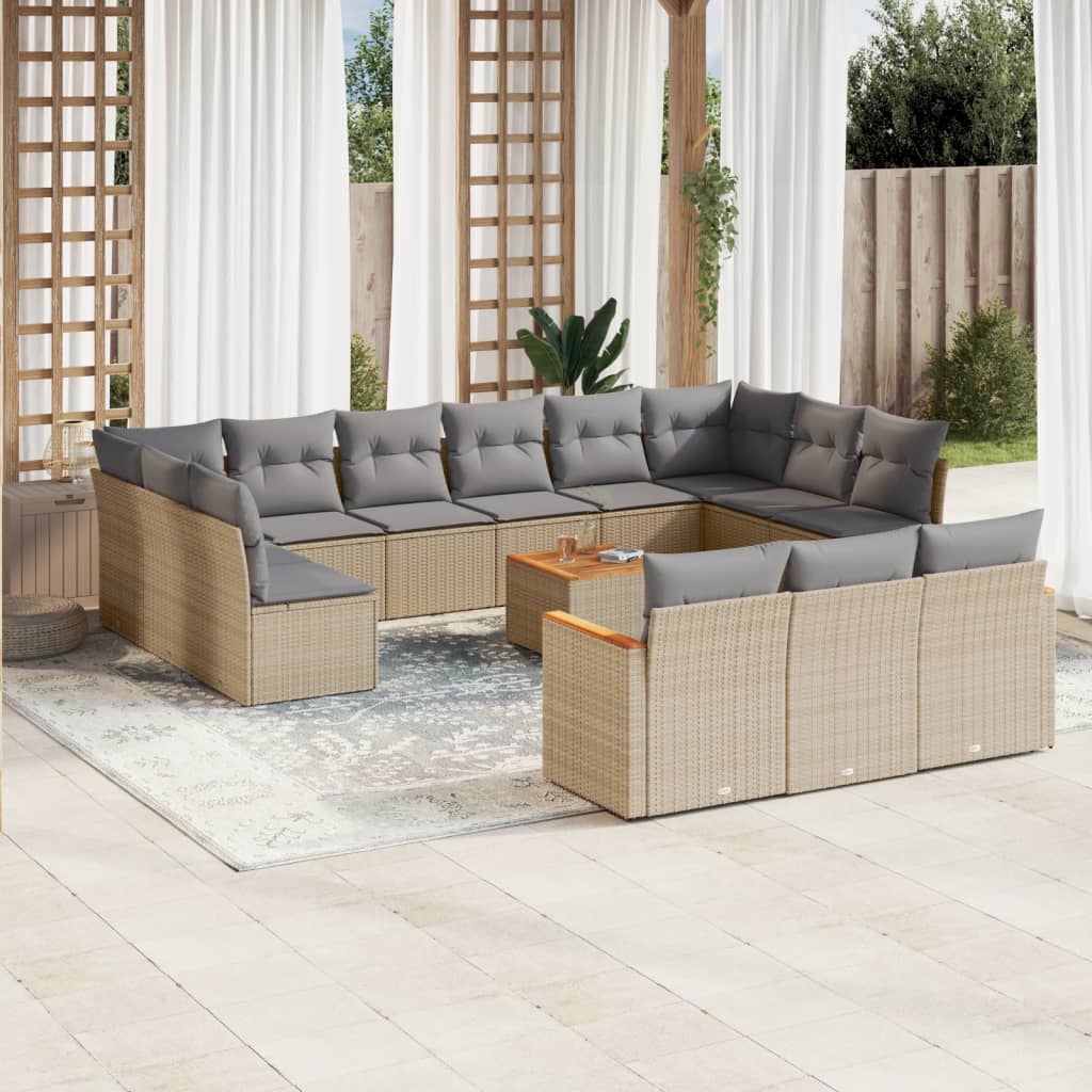 14 Pcs conj. sofás jardim c/ almofadões vime PE bege misturado
