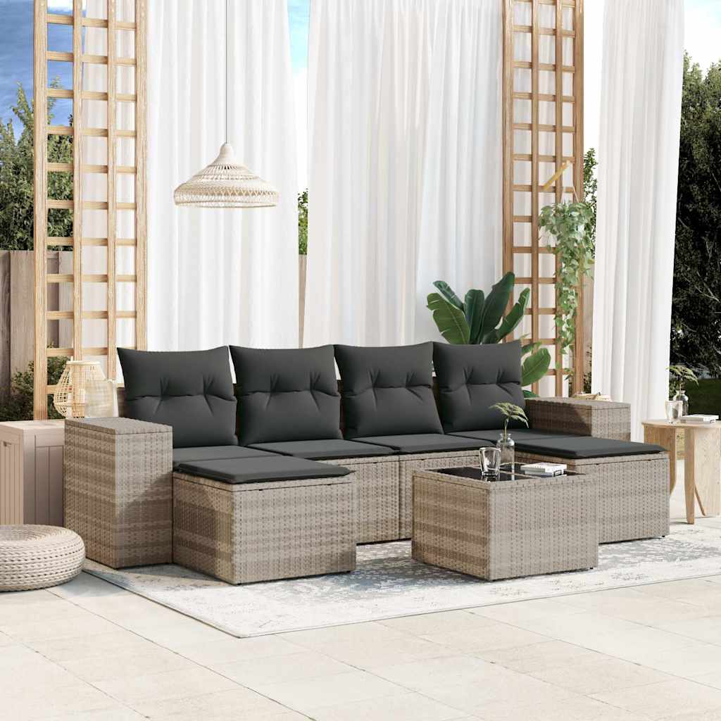 7 Pcs conj. sofás jardim com almofadões vime PE cinzento-claro