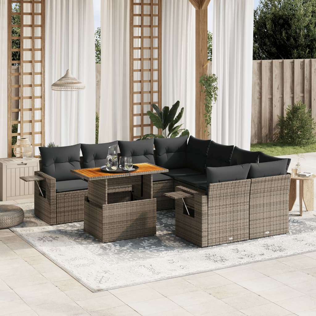 9 Pcs conjunto sofás p/ jardim com almofadões vime PE cinzento