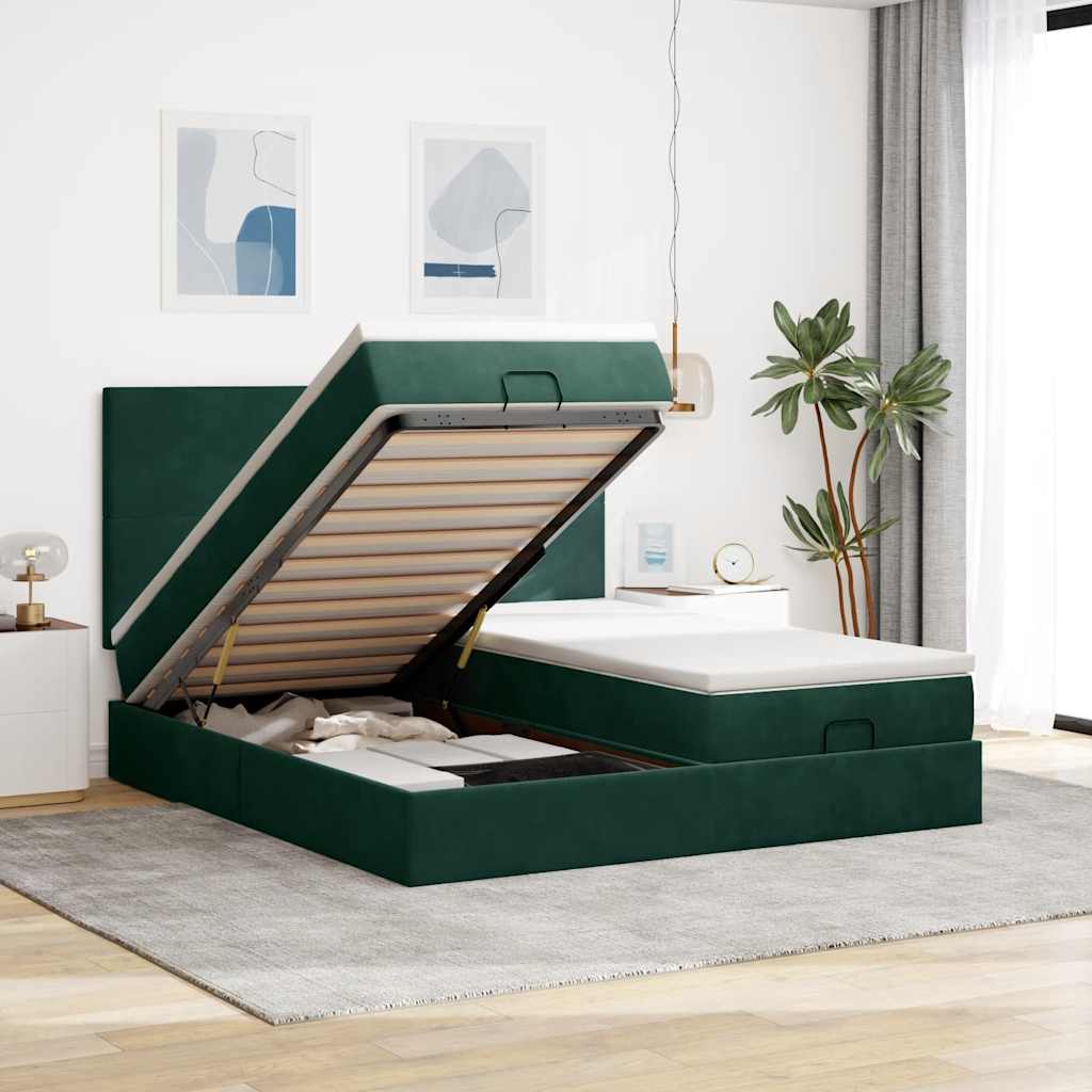 Estrutura de cama otomana com colchão verde escuro veludo