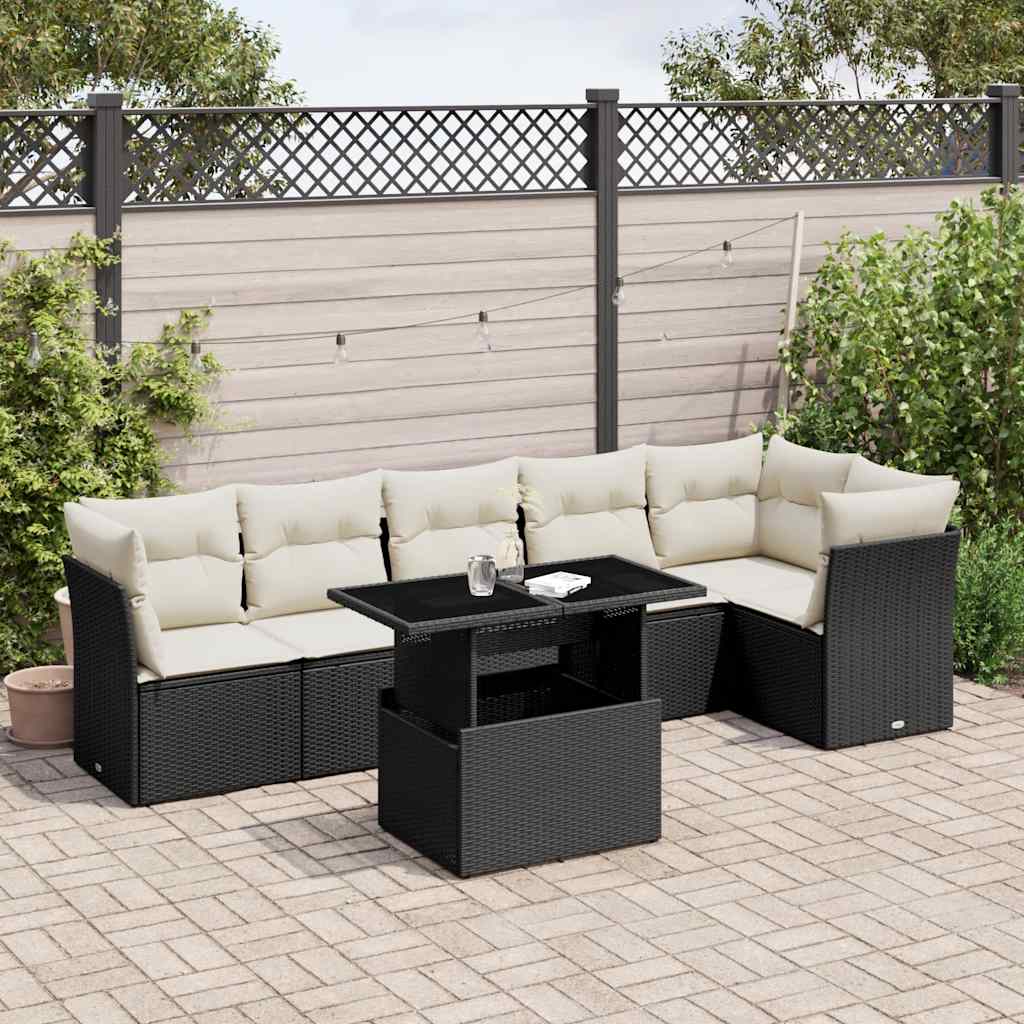 7 Pcs conjunto de sofás p/ jardim c/ almofadões vime PE preto