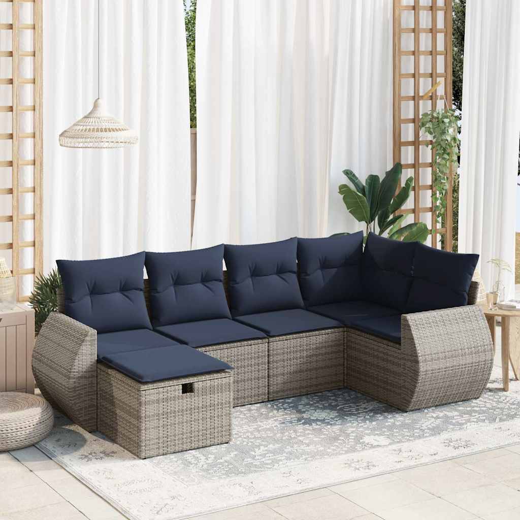 6 Pcs conjunto sofás de jardim com almofadões vime cinzento