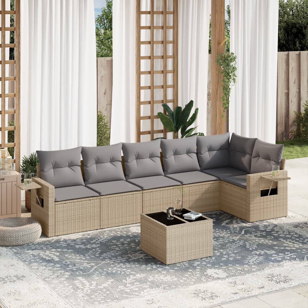 7 Pcs conjunto de sofás p/ jardim com almofadões vime PE bege