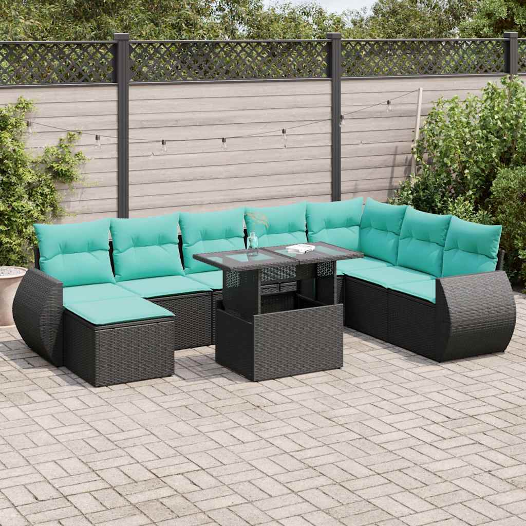 9 Pcs conjunto sofás jardim c/ almofadões vime PE/acácia preto